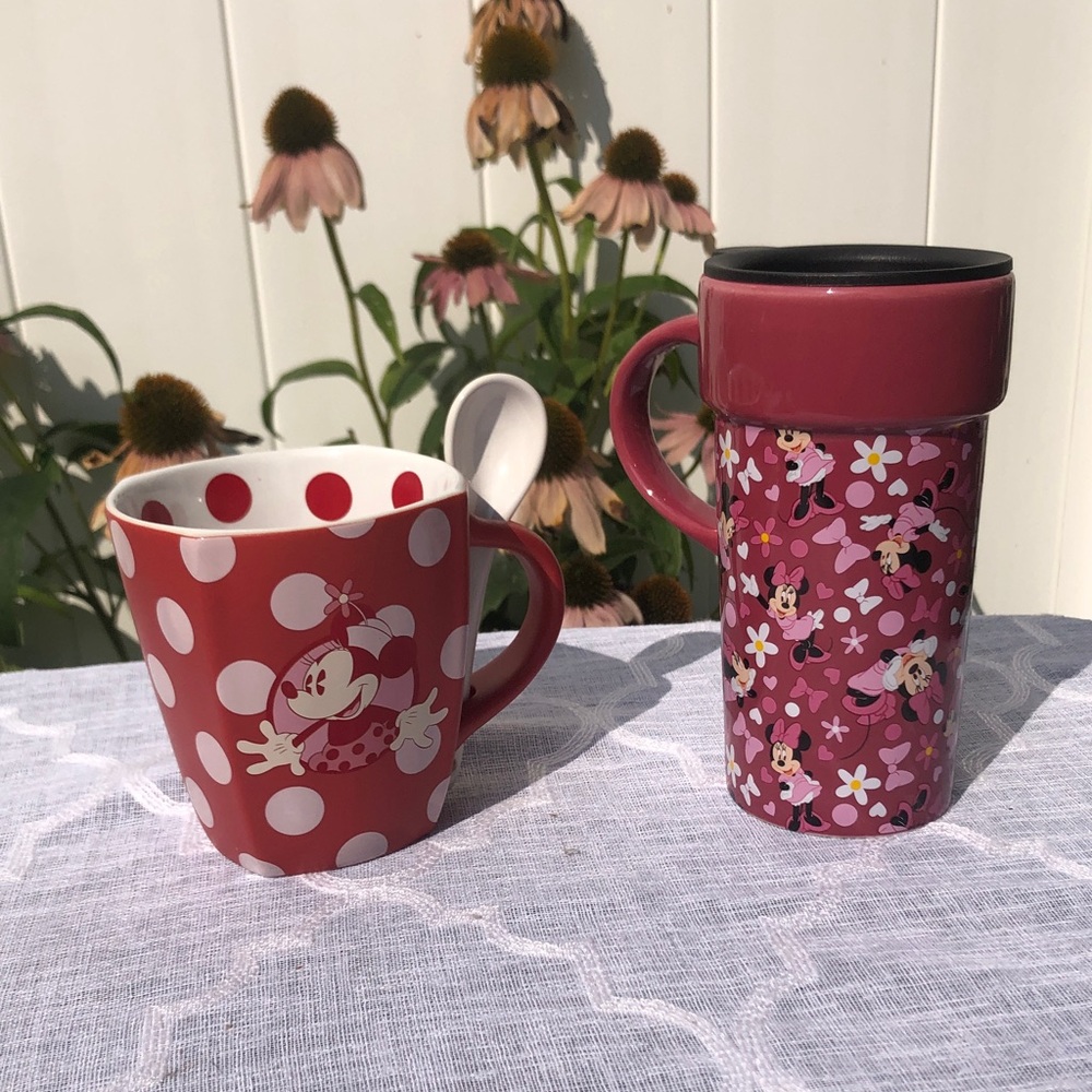 DISNEY MINNIE MOUSE soup hot chocolate mug w/ spoon & travel mug with lid